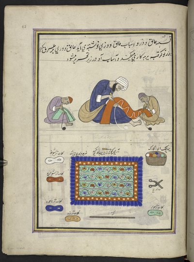 Craftsmen embroidering felt rugs (namda), 86 drawings bound into a volume depicting trades and occupations in Kashmir, Craftsmen are shown at work with their implements and equipment, By a Kashmir artist, probably at Srinagar by Indian School
