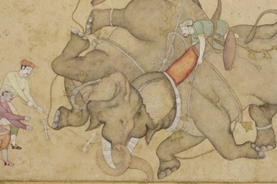 An elephant combat, with border floral arabesque (detail) by Indian School