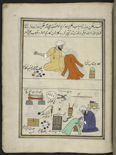 Embroiderer and gofferer, 86 drawings bound into a volume depicting trades and occupations in Kashmir, Craftsmen are shown at work with their implements and equipment, By a Kashmir artist, probably at Srinagar, c.1850-60 by Indian School