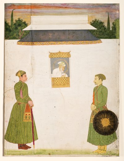 Emperor Aurangzeb at a jharokha window, two noblemen in the foreground, c.1710 by Indian School