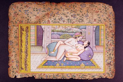 Erotic Scene in a Luxurious Boudoir, Rajasthani Miniature Painting by Indian School