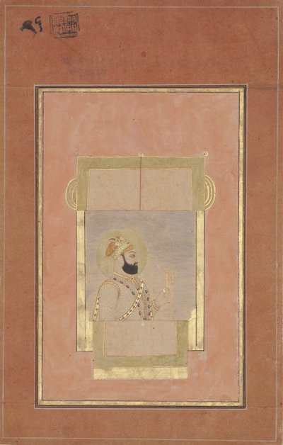 Farrukh Siyyar seated at a window, holding a gold sarpech by Indian School