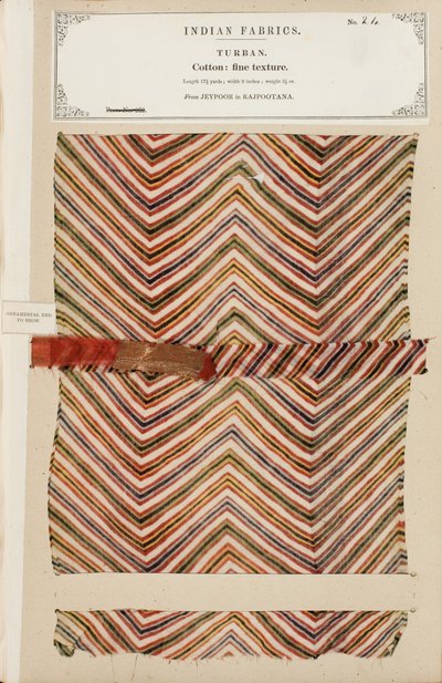 Fine cotton turban sample from Jeypoor in Rajpootana, from The Collection of the Textile Manufacturers of India, by John Forbes Watson, published in 1866 by Indian School