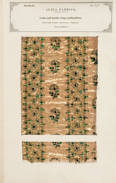 Gold and beetle wing embroidery sample from Madras, from 