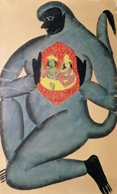 Hanuman revealing Rama and Sita enshrined in his heart, painted by a member of the Patua caste, 1880 by Indian School