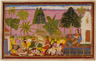 Hanuman attacks the demons, destroys the pleasure garden, and defeats Ravana