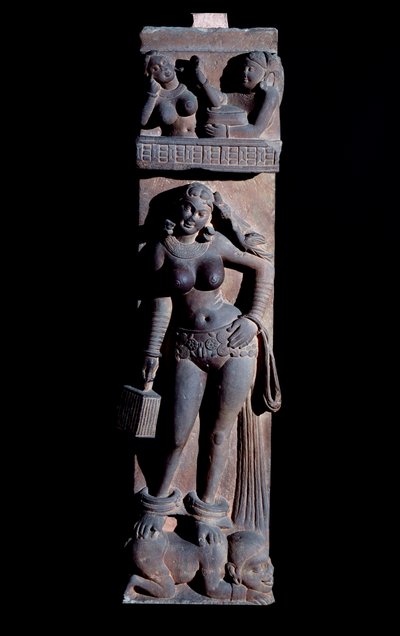 Representation of a Yakshini spirit of nature, holding a cage and a parrot, she stands on a dwarf. Sculpture by Mathura, sandstone, 2nd century by Indian School