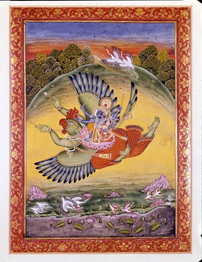 Hinduism: representation of the bird Garuda carrying Vishnu, a great Hindu deity, and his wife Lakhmi by Indian School