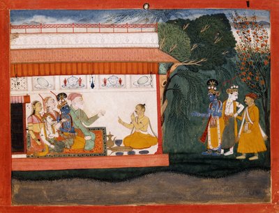 Illustration to the Bhagvata Purana Depicting Balarama Taking Akrura by the Hand with His Younger Brother Krishna by Indian School