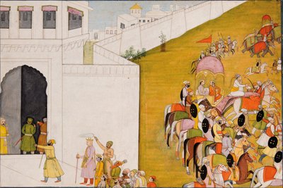 Illustration to the Ramayana: Rama enters Mithila to perform an archery contest by Indian School