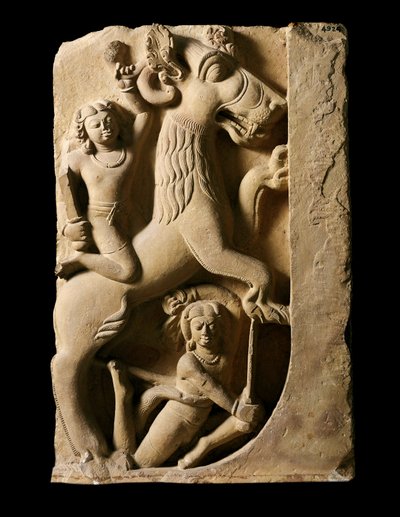 Indian Art: Griffon with two warriors. Gupta Dynasty (320-600 AD) From Sarnath. by Indian School