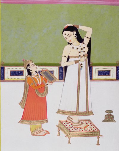 Indian lady at her toilet looking at herself in a mirror by Indian School
