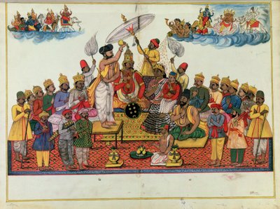 Indra, king of the gods, being anointed with soma by Indian School