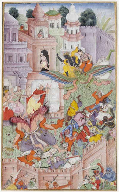 Krishna Cleaves the Demon Narakasura with his Discus by Indian School