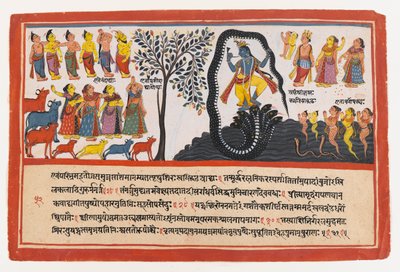 Krishna Conquers the Serpent Kaliya, page from a Dispersed Bhagavata Purana Series by Indian School