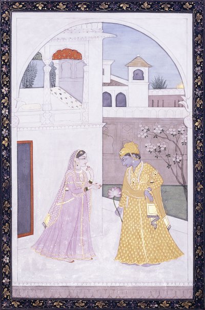 Krishna Stands Holding a Lotus Blossom, His Lover in a Pink Sari by Indian School