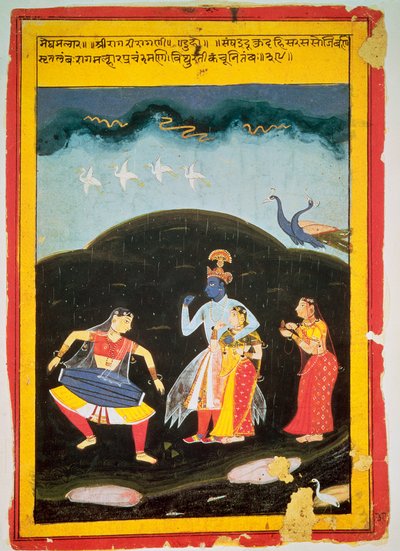 Krishna and Radha in the rain with two musicians, Rajasthan by Indian School