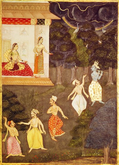 Krishna playing the flute followed by four dancers, Rajasthan by Indian School