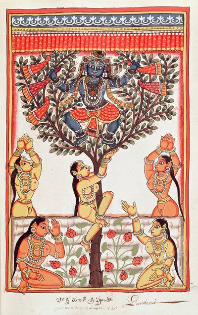 Krishna stealing the clothes of the Gopi swimming in the River Yamuna by Indian School