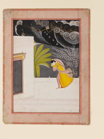 Lady on a Terrace Seeking Shelter from the Rains by Indian School
