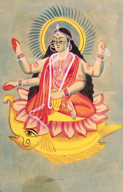 Laksmi sitting on a throne of lotus leaves by Indian School