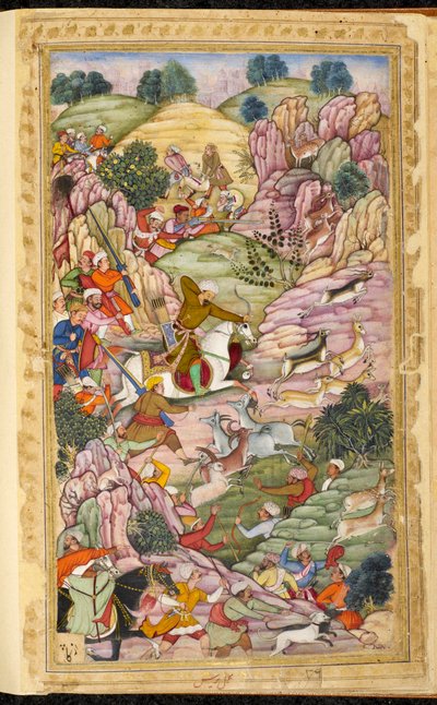 The Emperor Babur Hunting, between Ali Shang and Alangar, in the Kabul region (Afghanistan). Miniature from the Persian manuscript Vaqi at i Baburi, memoirs of the Mughal Emperor Babur (Zahir ud din Muhammad) (1483-1530), India, circa 1590. The British Lib by Indian School