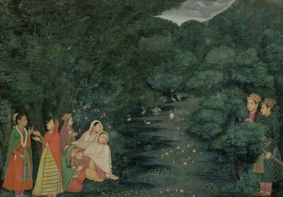 Women and a child by a stream in a wood at night, watched by two noblemen by Indian School
