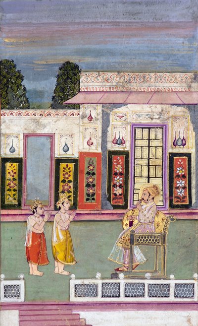 Maharaja Sawai Jai Singh greeted by two crowned men by Indian School