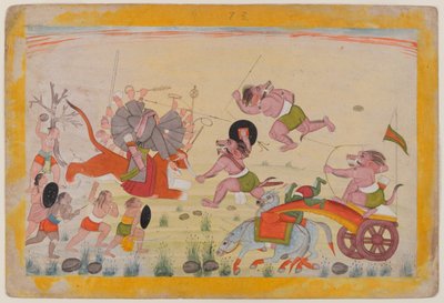Mahasura attacks the Devi, folio from a dispersed Devi Mahatmya series by Indian School