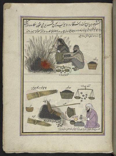 Men and women roasting water-chestnuts, 86 drawings bound into a volume depicting trades and occupations in Kashmir, Craftsmen are shown at work with their implements and equipment, by a Kashmir artist, probably at Srinagar, c.1850-60 by Indian School