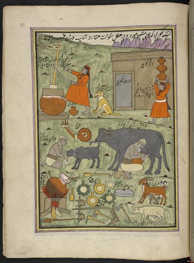 Milkmen of the Gujar caste in the forest, 86 drawings bound into a volume depicting trades and occupations in Kashmir, Craftsmen are shown at work with their implements and equipment, By a Kashmir artist, probably at Srinagar by Indian School