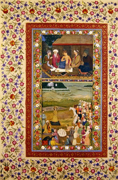 Young man with his teachers and Payment of tribute to a ruler, miniatures from a Muraqqa album by Indian School