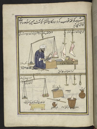 Mutton butcher, 86 drawings bound into a volume depicting trades and occupations in Kashmir, Craftsmen are shown at work with their implements and equipment, By a Kashmir artist, probably at Srinagar, c.1850-60 by Indian School