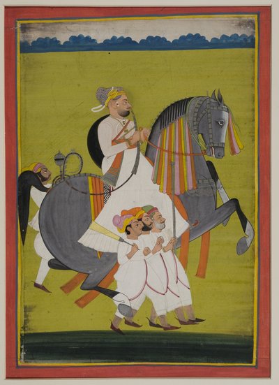 Portrait of Thakur Surtan Singh of Nimbaj, on Horseback with Attendants on Foot by Indian School