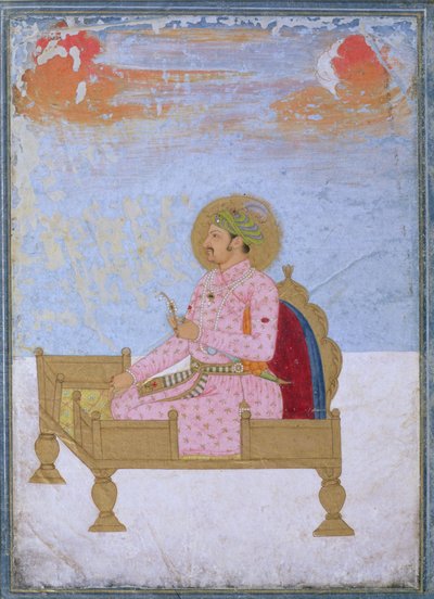 Portrait of the Emperor Jahangir (1569-1627) seated on a throne holding a sarapesh, Mughal, c.1720-40 by Indian School