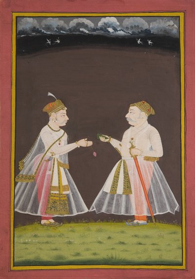 Probably a Portrait of Rana Raj Singh of Udaipur Offering Pan to a Nobleman by Indian School