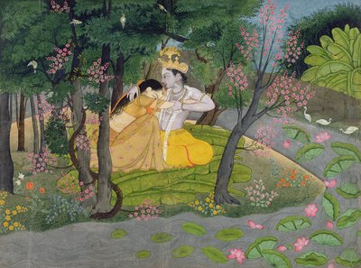 Radha and Krishna embrace in a grove of flowering trees by Indian School