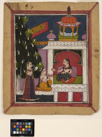 Raga: A kneeling man offers a book to a lady in a pavilion, c.1800 by Indian School