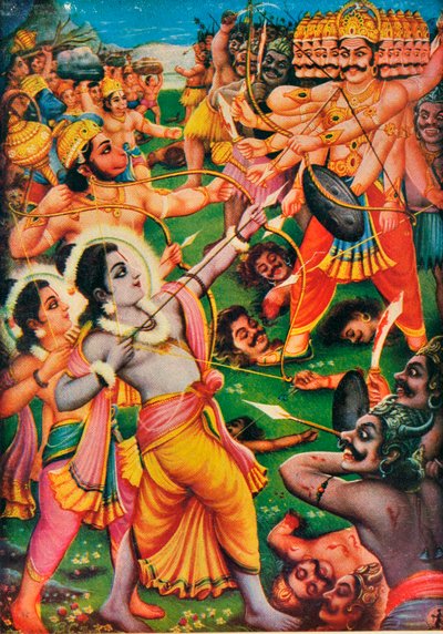 Rama and Hanuman fighting against Ravana the demon, scene from the Ramayana by Indian School