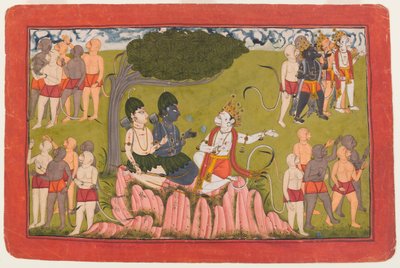 Rama and Lakshmana confer with Sugriva about the search for Sita, folio from a dispersed Ramayana series by Indian School