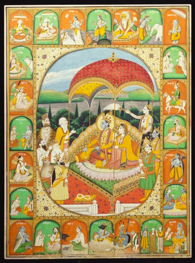 Rama and Sita Enthroned, worshipped by Shiva, Hanuman and others, 1800-20 by Indian School