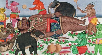 Ramayana scene: a group of demons awakening their prince in hibernation by Indian School