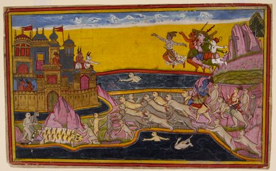 Rama, with the help of the monkey engineer Nala, builds a bridge across the sea to Lanka, enabling the monkeys and demons to cross, c.1653 (miniature) by Indian School