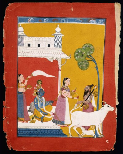 Rukmini offering water to the sage Narada while her consort Krishna sits in her house by Indian School