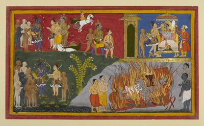 Rāvaṇa’s Funeral Rites are Performed; Vibhīṣaṇa is Crowned King by Lakṣmaṇa by Indian School