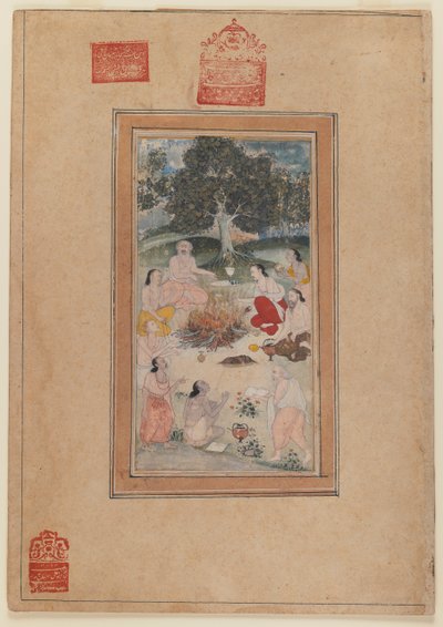 Sadhus gathered around a fire by Indian School
