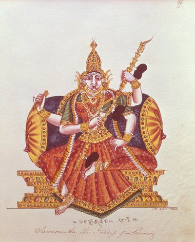 Saratheswathee, Hindu goddess of learning, with Singhalese and English inscription by Indian School