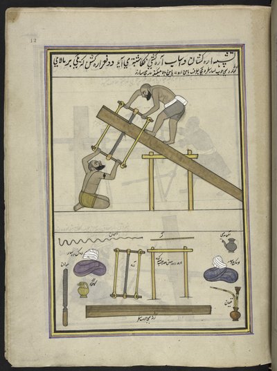 Sawyers, 86 drawings bound into a volume depicting trades and occupations in Kashmir, Craftsmen are shown at work with their implements and equipment, By a Kashmir artist, probably at Srinagar by Indian School