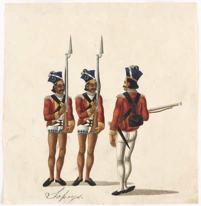 Sepoys and an Indian Officer, Bengal Army, c.1815 by Indian School