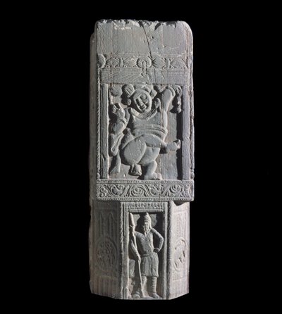 Stupa slab showing a dwarf and Scythian figures, from the site of Nagarjuna by Indian School